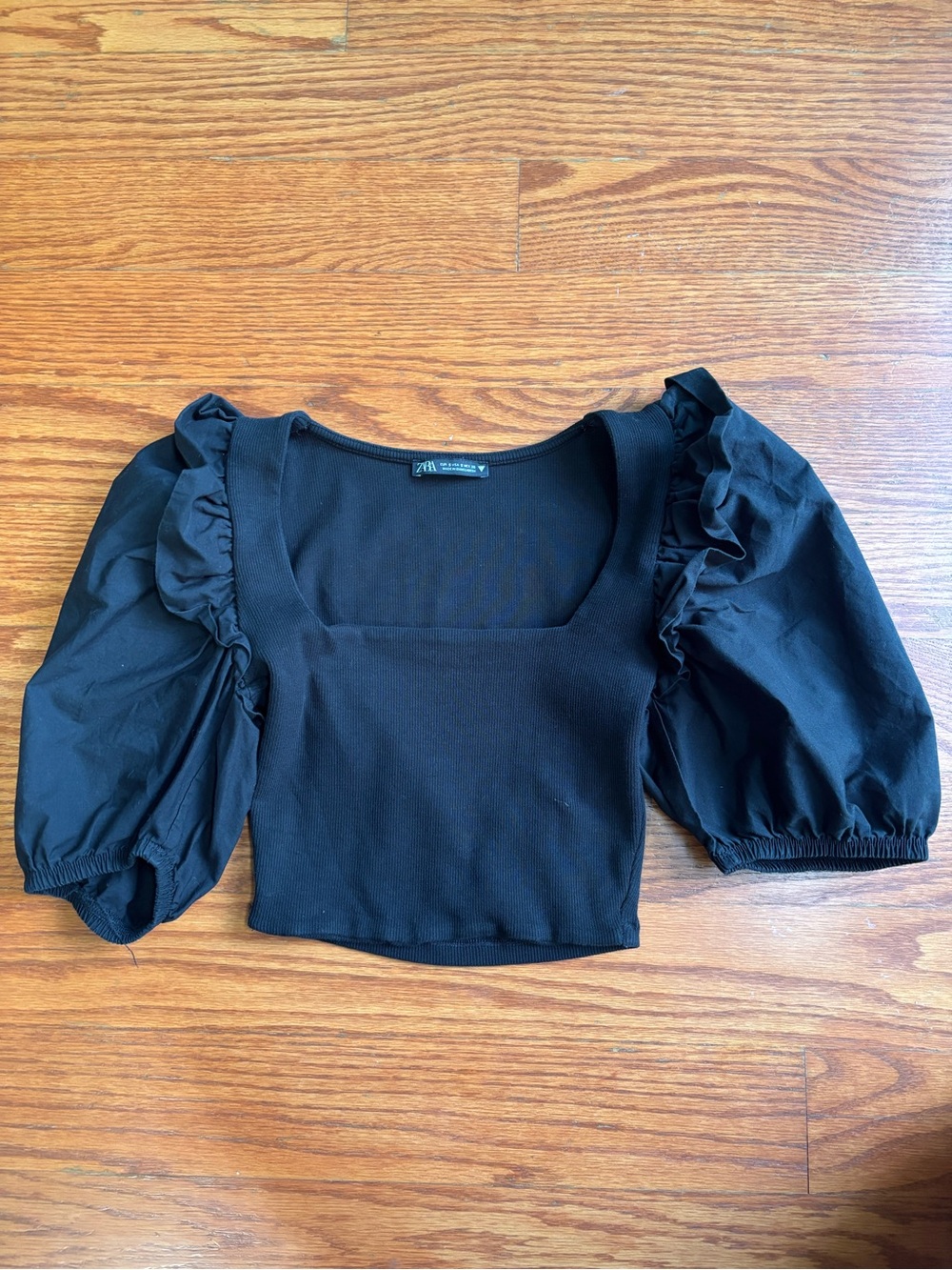ZARA Black Square Neck Puff Sleeve Crop Top